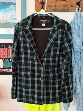 HeartBreak Plaid Blazer Dress Jacket Black Teal Retro Cotton Blend Size 4